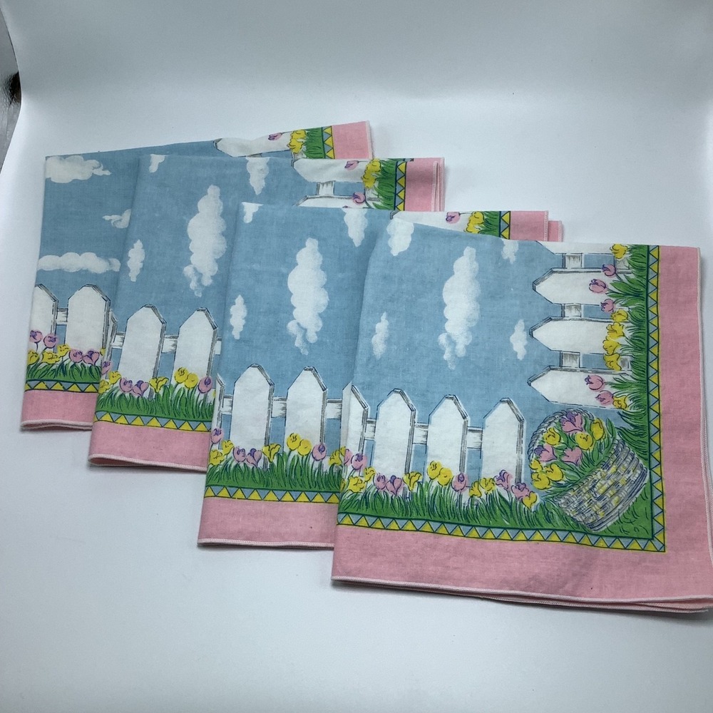 Tobin Easter Meadow Fabric Napkins Set of 4 Spring Scene White Picket Fence‎ VTG